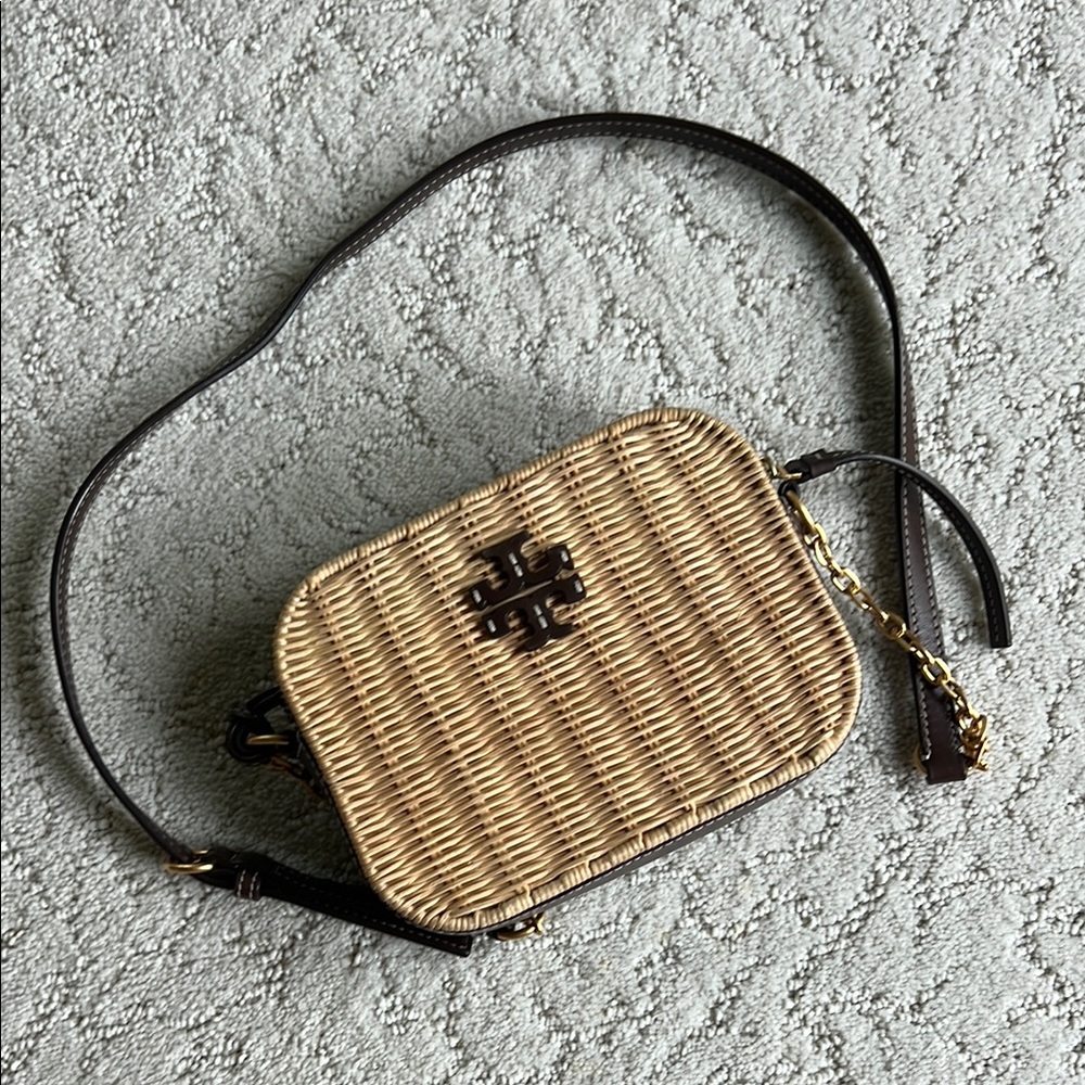 Tory Burch Tan and Black Crossbody Bag with Woven Design